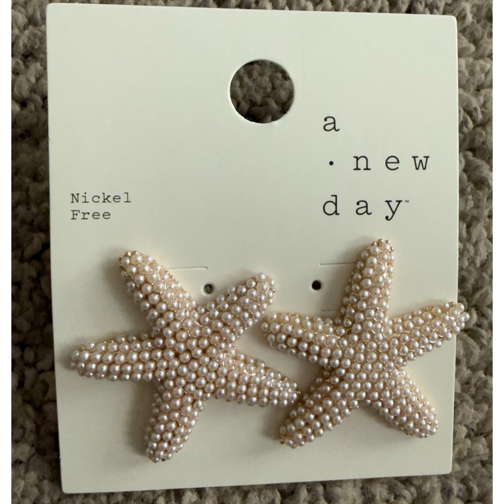 A New Day Earrings Gold Tone Starfish Tiny White Faux Pearls Post Nickel Free